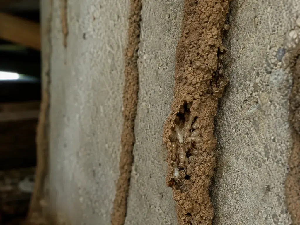 Termite mud tubes running up a concrete foundation wall